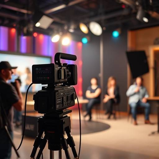 Equipo de producción grabando un programa de televisión en un plató con iluminación profesional.