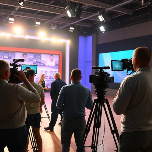 Equipo de producción grabando un programa de televisión en el estudio.