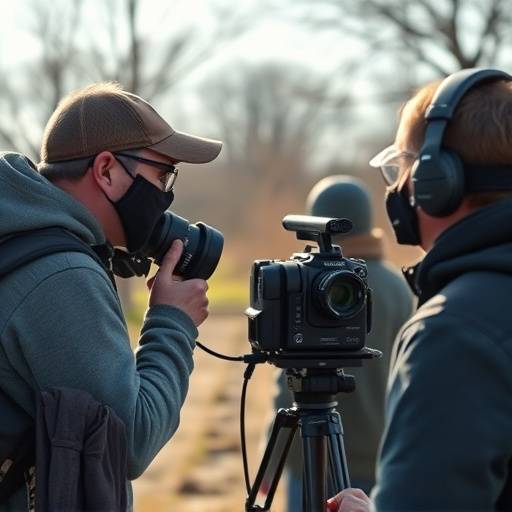 Equipo filmando un documental en exteriores.