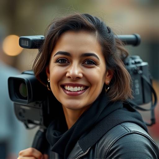 Retrato de Carmen Sánchez, Operadora de Cámara, con una cámara al hombro y una sonrisa amable.