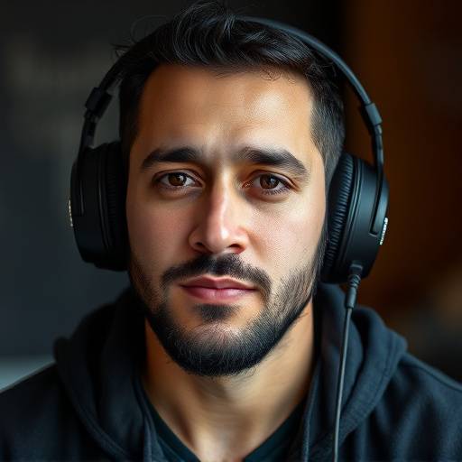 Retrato de Javier López, Técnico de Sonido, con auriculares y una expresión atenta.